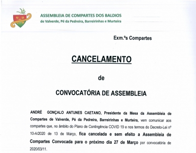 CANCELAMENTO DE CONVOCAT&Oacute;RIA DE ASSEMBLEIA DE COMPARTES - 27/03/2020