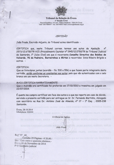 Acord&atilde;o do Tribunal da Rela&ccedil;&atilde;o de &Eacute;vora - tr&acirc;nsito em julgado