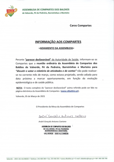 INFORMA&Ccedil;&Atilde;O AOS COMPARTES - ADIAMENTO DE ASSEMBLEIA